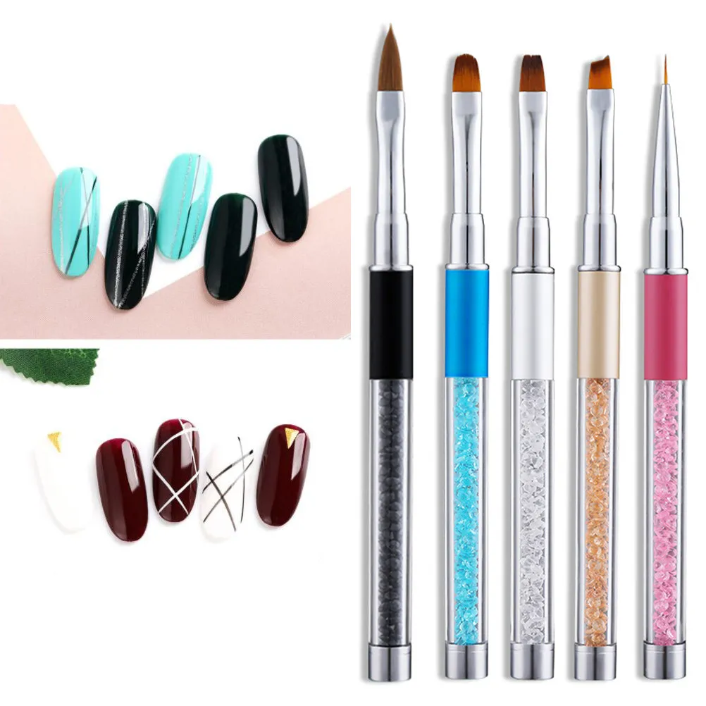 

5Pcs Acrylic Nail Art Pens Rhinestone Handle Long Handle Manicure Brushes Professional Nail Painting Tools Home Salon