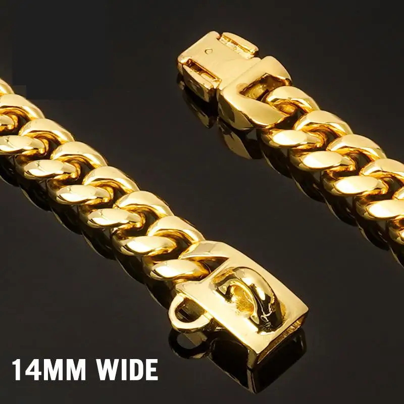 Strong Gold Dog Collar Stainless Steel Cuban Link Chain 14mm Wide Metal Pet Necklace for Small Medium Large Dog Collar Product