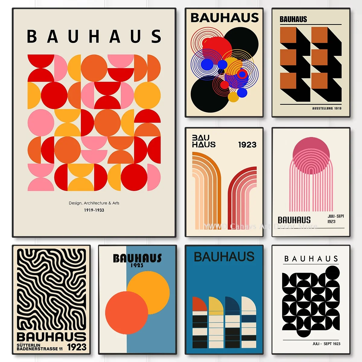 Abstract Orange Bauhaus Geometric Canvas Printing Pop Art Sunrise and Wave Wall Art Posters for Modern Living Room Home Decor