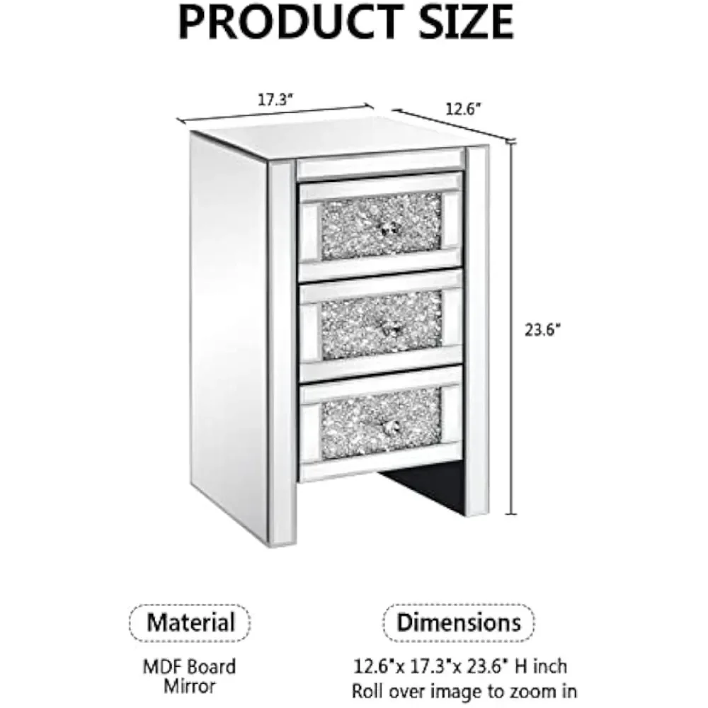 Zestaw 2 szafek nocnych z 3 szufladami, nowoczesny stolik końcowy ze szkła lustrzanego, srebrny stolik nocny do salonu, szafka nocna
