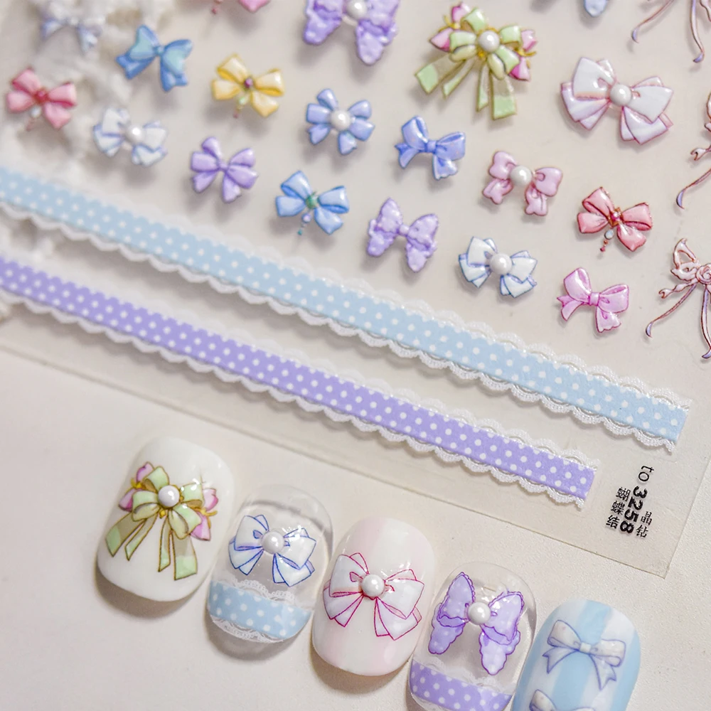 

Lovely 5D Bowknot Tie Ribbon Nail Art Sticker Pearl Colourful Lace Pearl Cording Macaron Color Silk Self Adhesive Manicure Decal