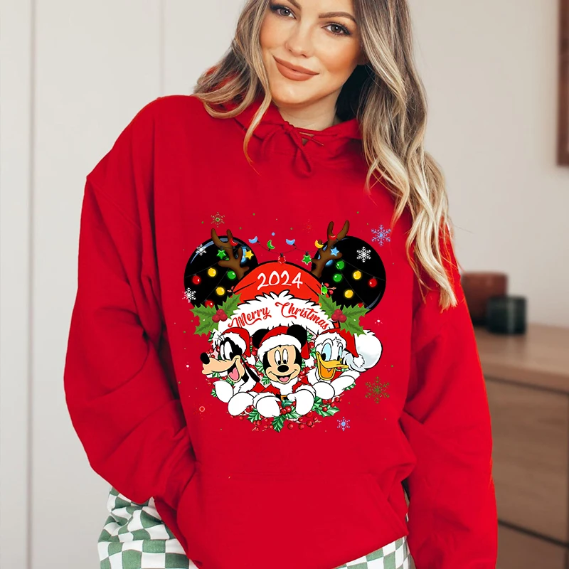 Mickey Mouse Christmas Print Women\'s Autumn and Winter Hoodie Plus Velvet Sports Sweater Red Loose Top