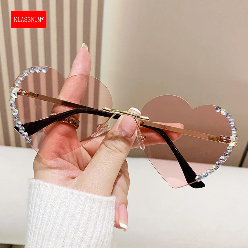 KLASSNUM okulary przeciwsłoneczne w kształcie serca bez oprawek z brokatem Rhinestone ślub urodziny Halloween Xmas Party dekoracyjne luksusowe okulary