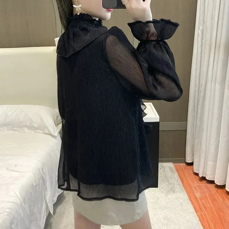 New Elegant Chiffon Shirt Fashion Ruffles Stitching Lace Women\'s Blouse Stand Collar Button Long Flare Sleeve Loose Tops 12946