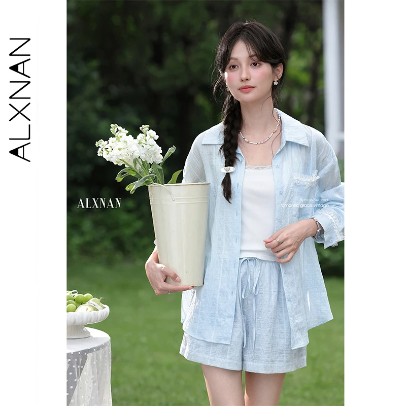 ALXNAN เสื้อสีฟ้าบางป้องกันแสงแดดหลวม Fit เสื้อแขนยาวฤดูร้อน Elegant Holiday Beach เสื้อลําลองสุภาพสตรี L56650