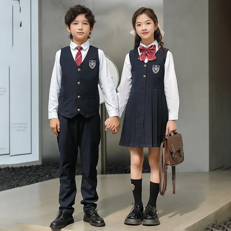 Vest Pants Bow Tie for Girl Boy Clothes Set Student Outfit Kid Japanese School Uniform White Shirt Navy Pleated Pinafore Dress