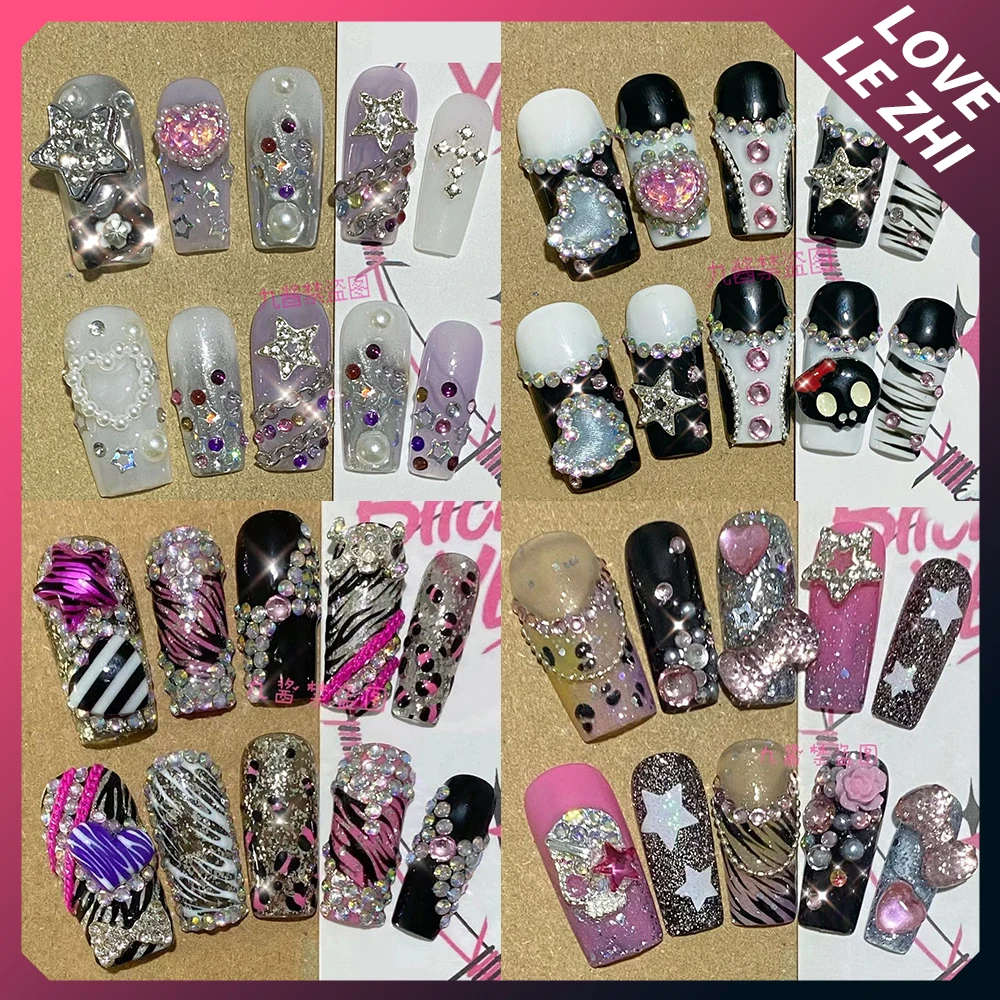 Spicy Girl Anime Reusable Y2K Handmade Press On Nails Cartoon Long Coffin Leopard Print Full Cover Nails Art Fake Nails