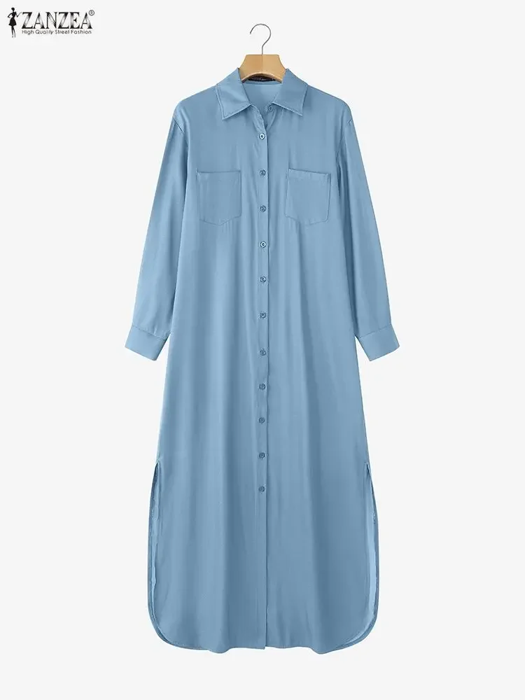 2025 ZANZEA Moda Autunno Camicia Abito Donna Elegante Risvolto Collo Manica Lunga Robe Maxi Abiti Ufficio Vestito Estivo Split Hem Abiti