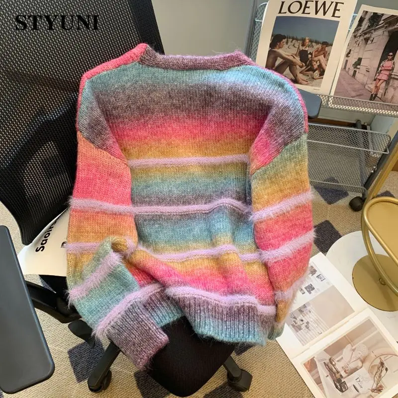 Rainbow Striped Gradient Chic V-Neck Thick Acrylic Mink Knitted Women's Sweater Korean Fashion Cardigan For Women Winter 2023