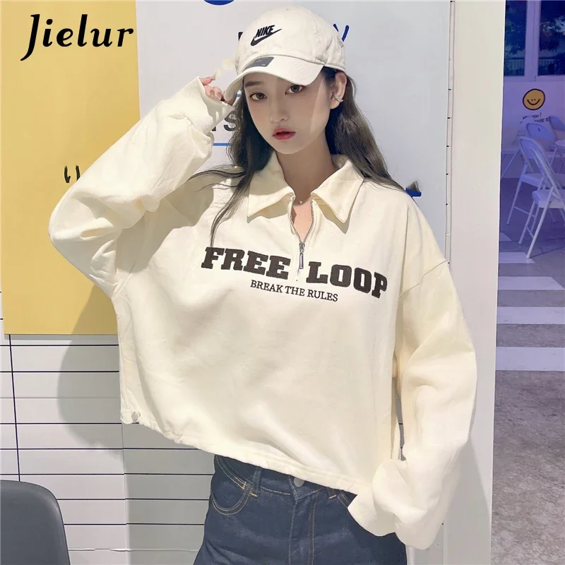 Jielur Polo Short Women's Sweatshirt Thin Cropped Hoodie Street Fashion Zipper Letter Female Pullover Dark Gray Apricot Hoodies