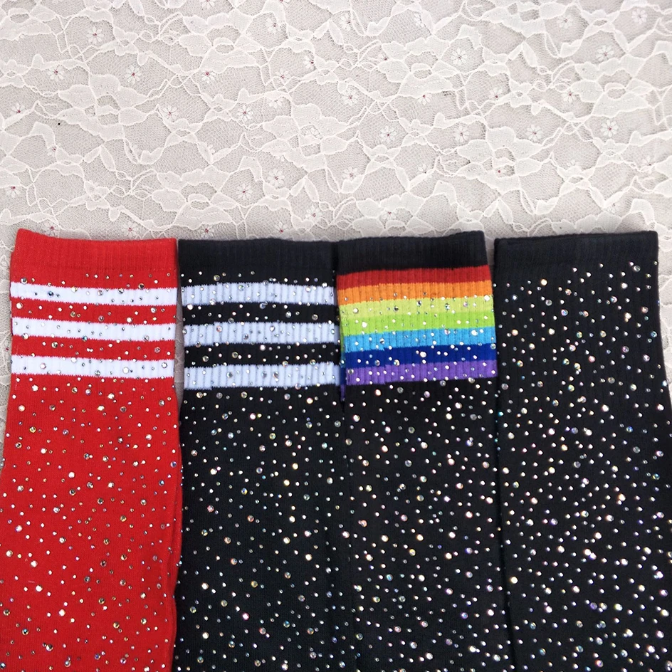 Sexy Glitter Rhinestone Stockings Women Rainbow Striped Stockings Bling Christmas Knee Socks Harajuku Fashion Shiny Long Socks