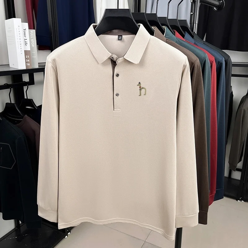 Hochwertiges Herren-Polohemd mit Originaldruck, Herbst-Trend, einfarbig, Revers, Langarm-T-Shirt, Business-Casual-Herrenbekleidung – Detail 4