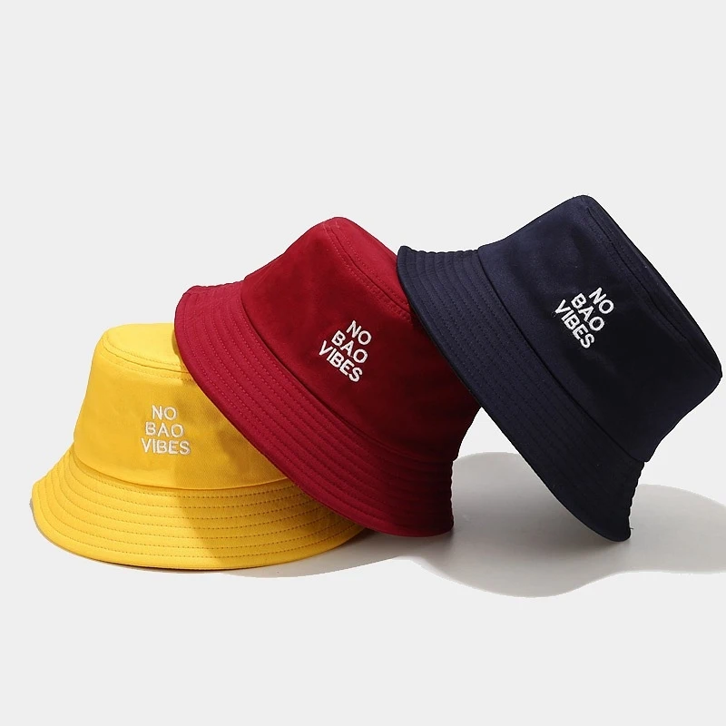 NO BAO VIBES Embroidered Bucket Hat Casual Black White Cotton Sun Cap