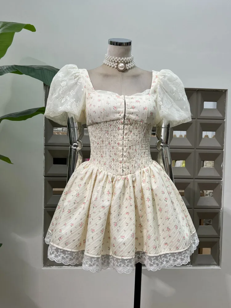 فستان DFDG نسائي فرنسي مزين بالزهور وأكمام منتفخة وأزرار أمامية على شكل حرف a للربيع والصيف والحفلات المسائية اليومية