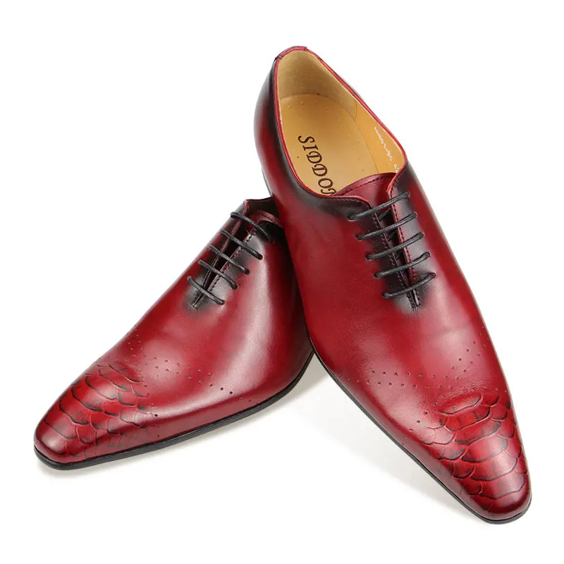 Vintage Formal Oxford Cow Leather Dress Shoes Fashion Men\'s Lace Up Elegant Business Wedding Pointed Toe Office Color Red Black