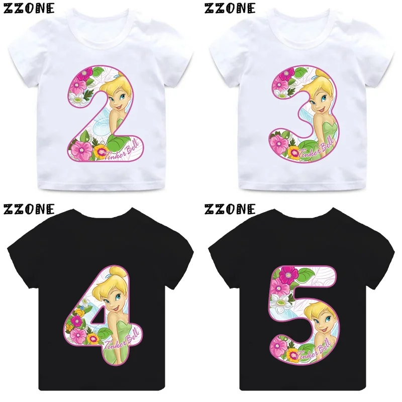 

Fairy Tinker Bell Princess Number Print Girls Clothes 1 2 3 4 5 6 7 8 9 Years Birthday Kids T shirt Baby Boys Children T-Shirt