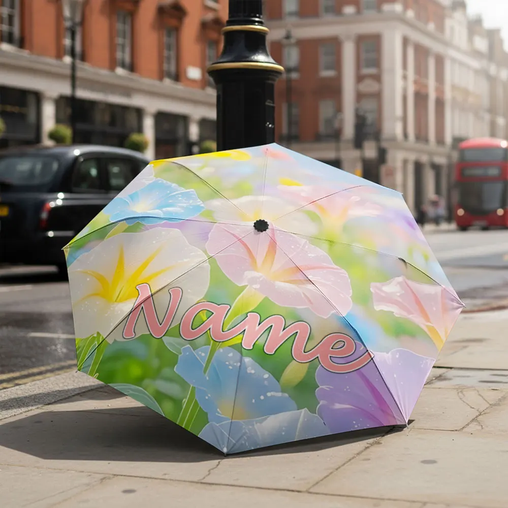 Custom Name Umbrella Colorful Morning Glory Flowers Field Print Folding Umbrella,Portable Travel Parasol For Women Girls, Gift