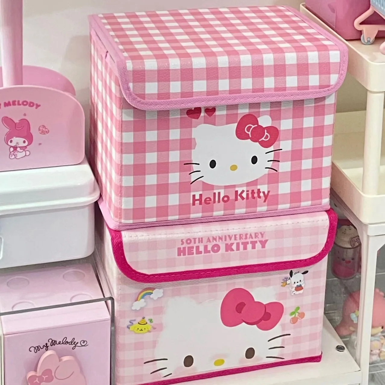 

Cute Anime Hello Kitty Foldable Storage Box Pink Plaid Cartoon Organizer Basket Desktop Sundries Bin For Dormitory Home Bedroom