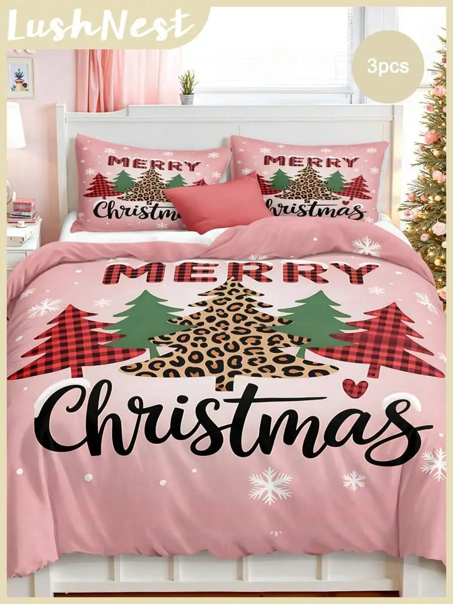 

3pcs Leopard Print Christmas Decoration Digital Print Duvet Set Set (1 Pc Duvet Cover 2 Pcs Pillowcase Without Core) Polyester