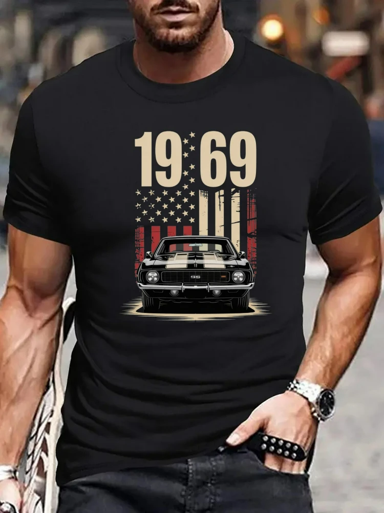 

1969 American Flag Classic Car-Patriotic Muscle Car Pattern Design-100% cotton short-sleeved O-neck men's printed T-shirt.