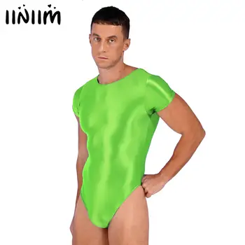 남성 광택 라운드 넥 하이 컷 바디 슈트 수영복, 단색 반팔 레오타드 체조 보디 빌딩 피트니스