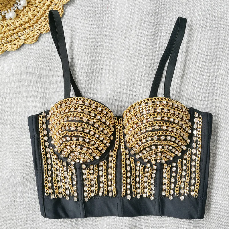 

a Top Sparkling Diamond Low Cut Fibone Bustier Metal Decoration Sexy Crossbody Strap Outerwear Women's Faion