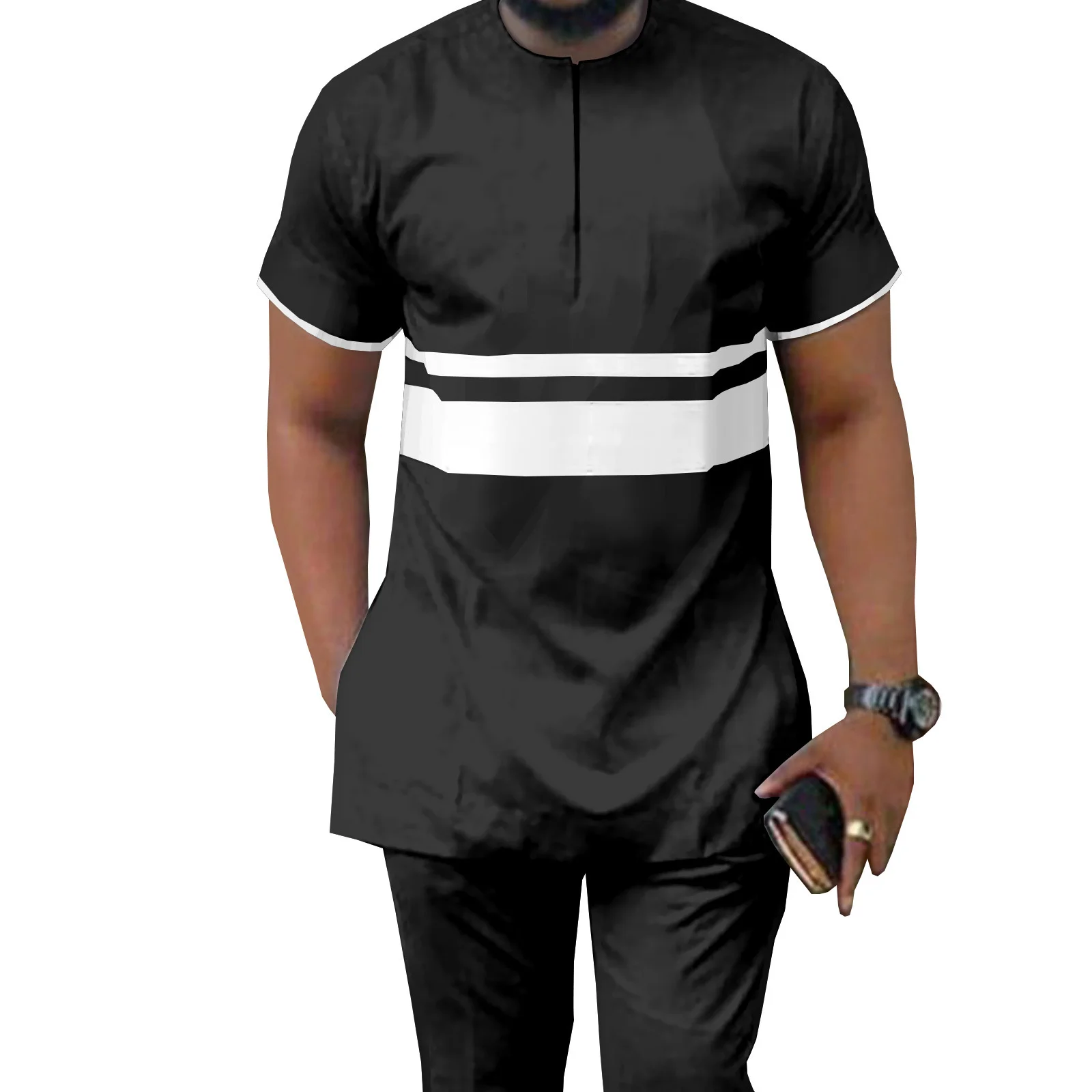 

Sale African Suits for Men Agbada Robe Short Sleeve Tops and Pants 3 Piece Set Dashiki Clothes Kaftan for Wedding Evening