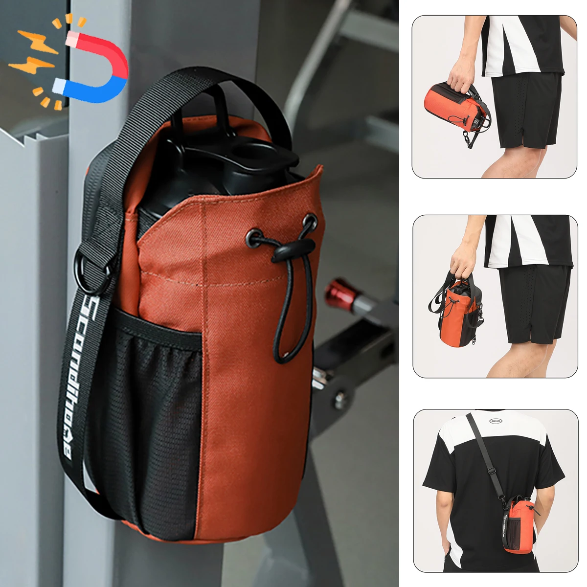 

Magnetic Gym Water Bottle Bag Large Capacity Outdoor Kettle Holder Fitness Crossbody Shoulder Bag with Phone Pocket Mini Gym Bag