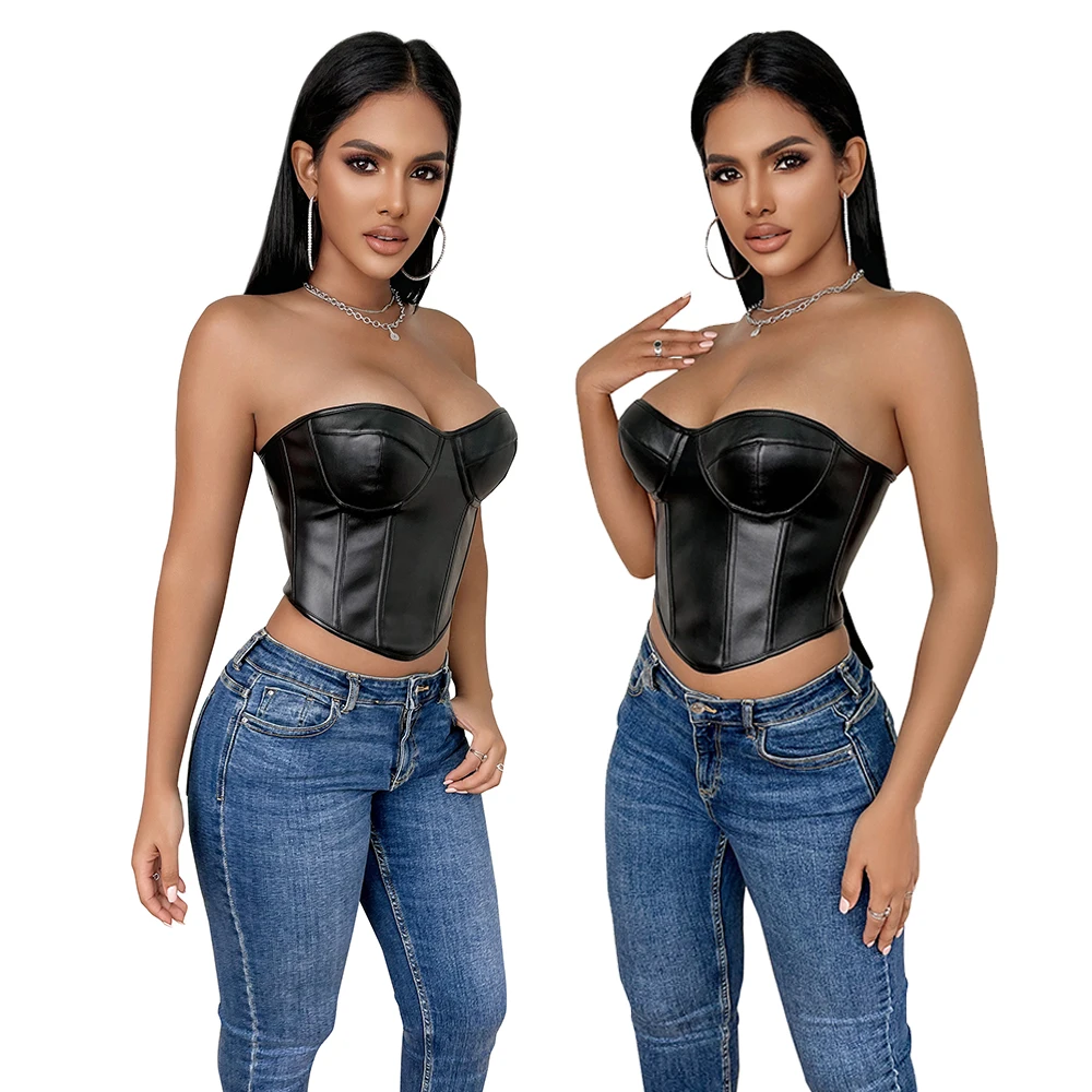 

Faux Leather Short Torso Overbust Corset Sexy Off Shoulder Strapless Padded Bra Bustier Crop Top