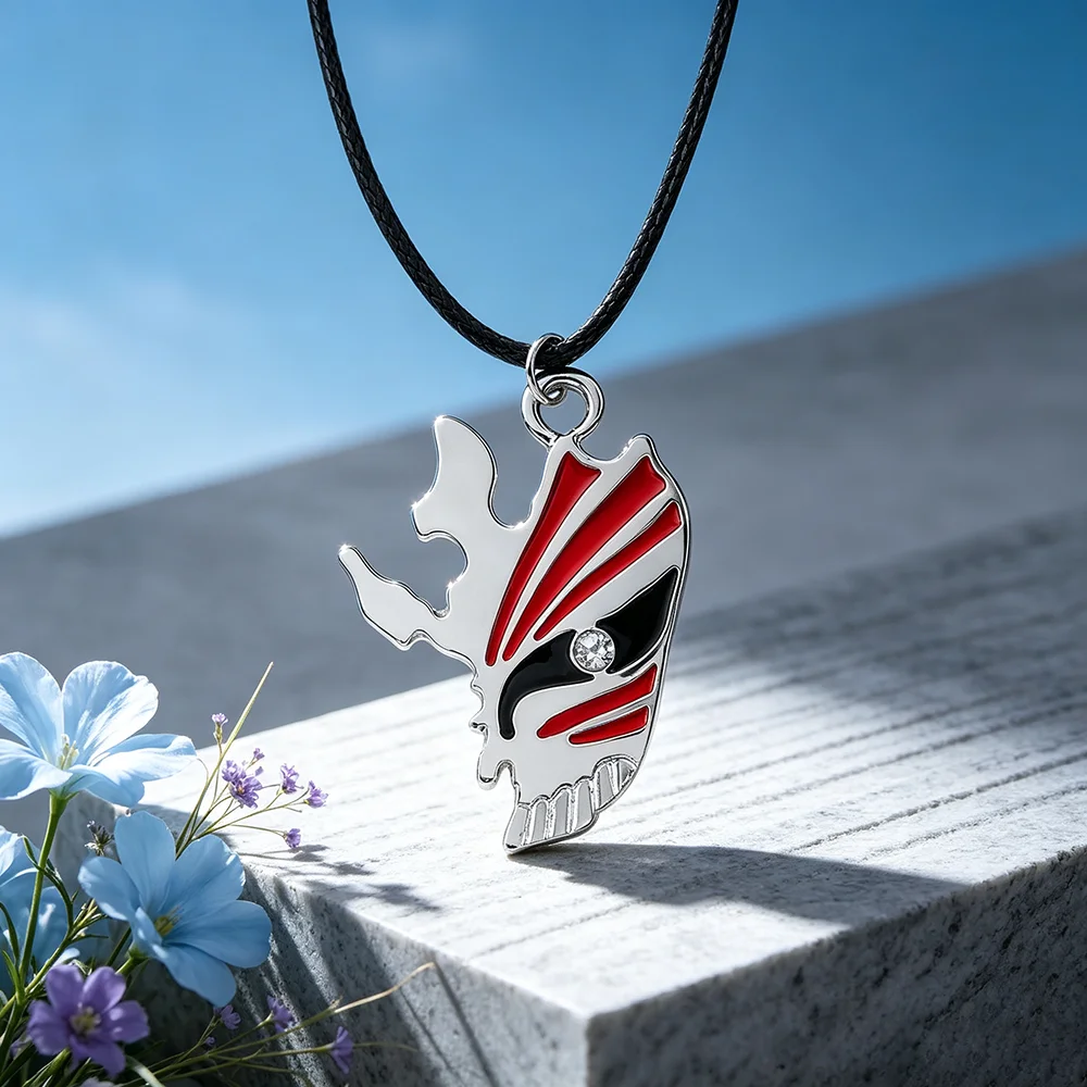 Anime Bleach Ichigo Mask Pendant Necklace, with Black Wax Rope Chain, Cosplay Jewelry Gift for Anime Fans Unisex