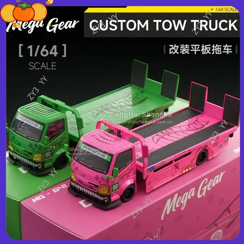 

2026 Mega Gear 1:64 Модифицированный прицеп-платформа Full Drop Flatbed с розовым динозаврьим дизайном, литая модель автомобиля из сплава для коллекции