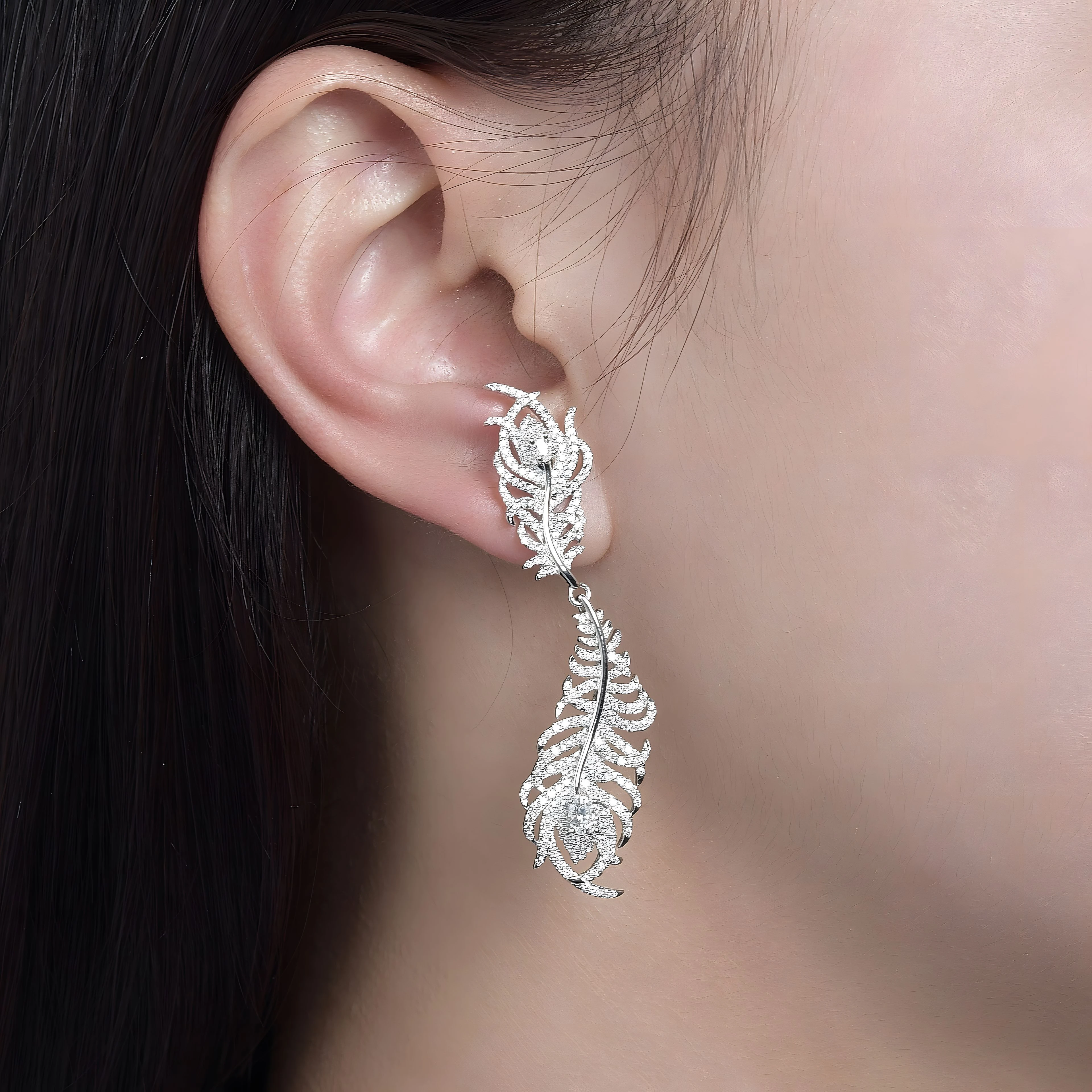 Leaf Shape Feather Design S925 Silver with Moissanite Oval Main Stone Stud Earrings Ladies' Jewelry Women's Jewellery