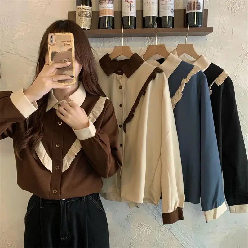 

Western Style Wooden Ear Corduroy Long-Sleeved Shirt Autumn Top Women's New Retro Stitching Design Thick Shirt