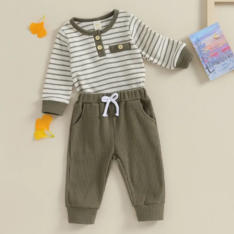 Newborn Baby Boy Pant Sets Spring Autumn Clothes Long Sleeve Striped Bodysuit and Solid Color Pants Baby Items Clothing