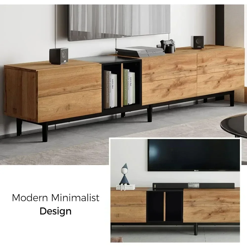 Modern TV Stand with 3 Cabinets & Open Shelves, Minimalist Wooden Entertainment Center for TVs Up to 80”, Sturdy Console