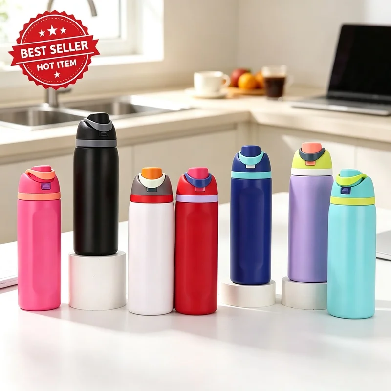 19/24/32oz Kids Straw Thermos Cup, Fruit Pattern Stainless Steel Vacuum Insulated Flask Portable Travel Thermal Water Bottle