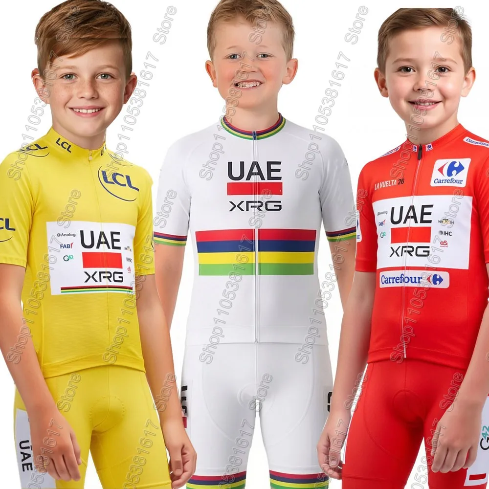 Kinder UAE Team 2026 Radsport-Trikot-Set Weltmeister Tadej Pogačar Jungen Mädchen Radsportbekleidung Kinder Rennrad-Shirt und -Hose – Detail 2
