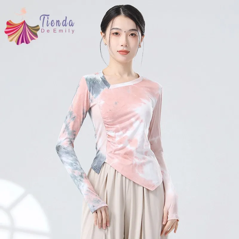 Tie Dye Floral Print Dance Shirt Finger Thumb Long Sleeve Tee Dancewear Women Tops Fancy Cloth Classical Modern Dance Stage 2024