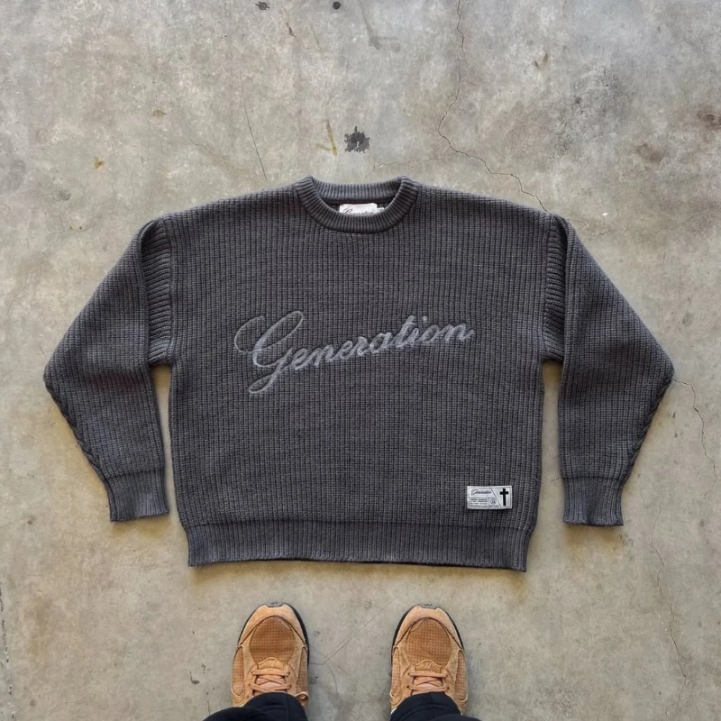

Shadow ribbed long sleeved sweater retro Matthew Gospel symbol embroidered knitted pullover British style pastor lazy casual top