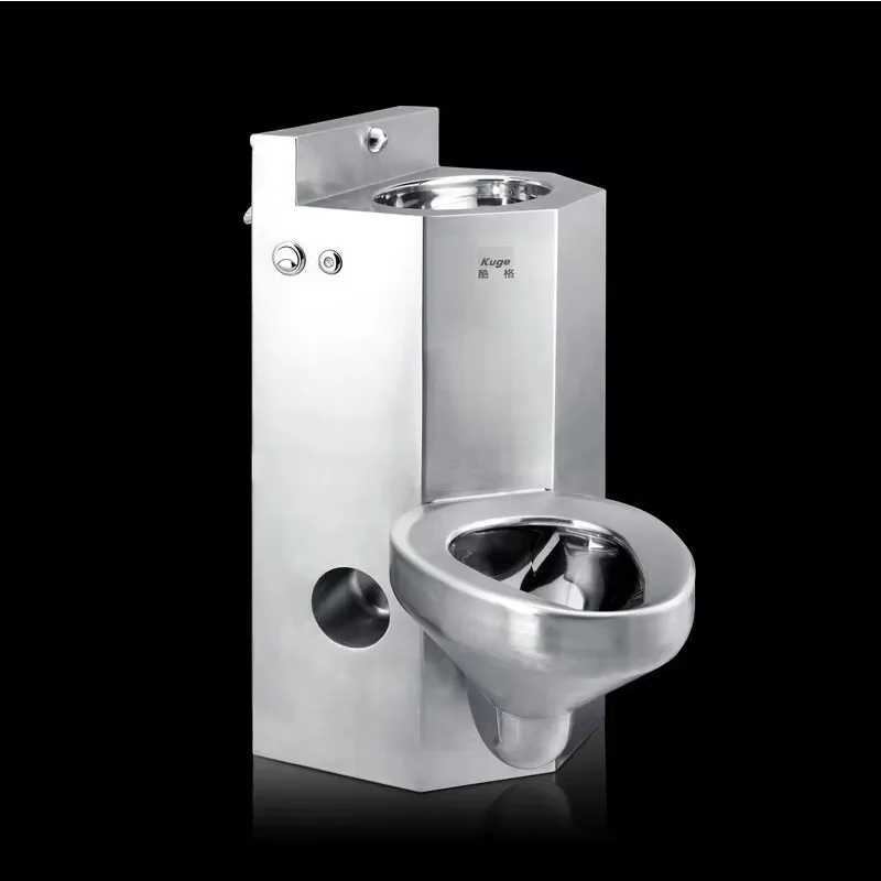 Kuge Institutional Floor Mounted Stainless Steel Combination Toilet with Wash Basin for Correctional Facilities