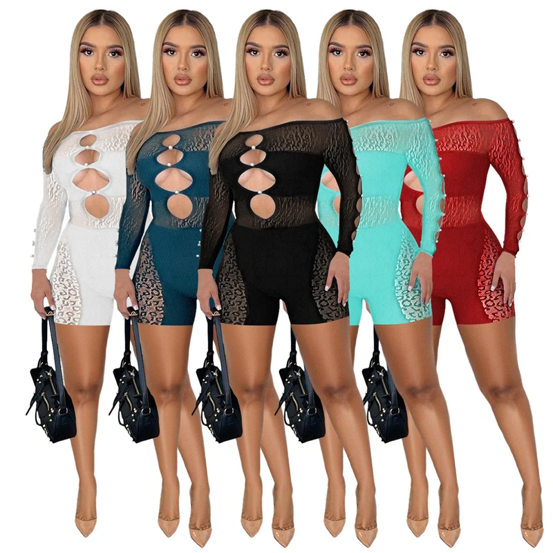 Leopard Patchwork Mesh Shorts Jumpsuit for Women Long Sleeve Slash Neck Hollow Out Playsuit See Through Bodycon Party Bodysuit