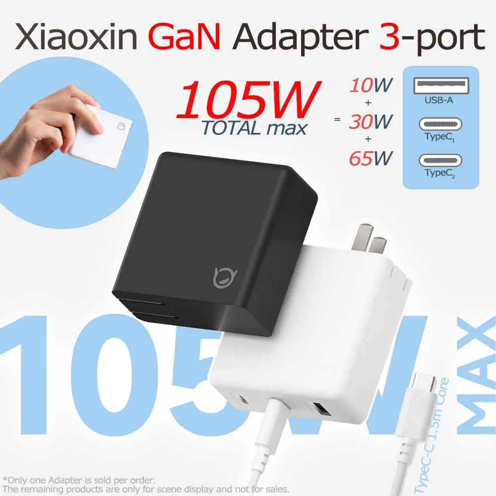 

Lenovo Original Xiaoxin GaN Adapter 105W 3 Ports Charger TypeC MultiPort For Laptop Phone Earphones Multi Devices Multi-protocol