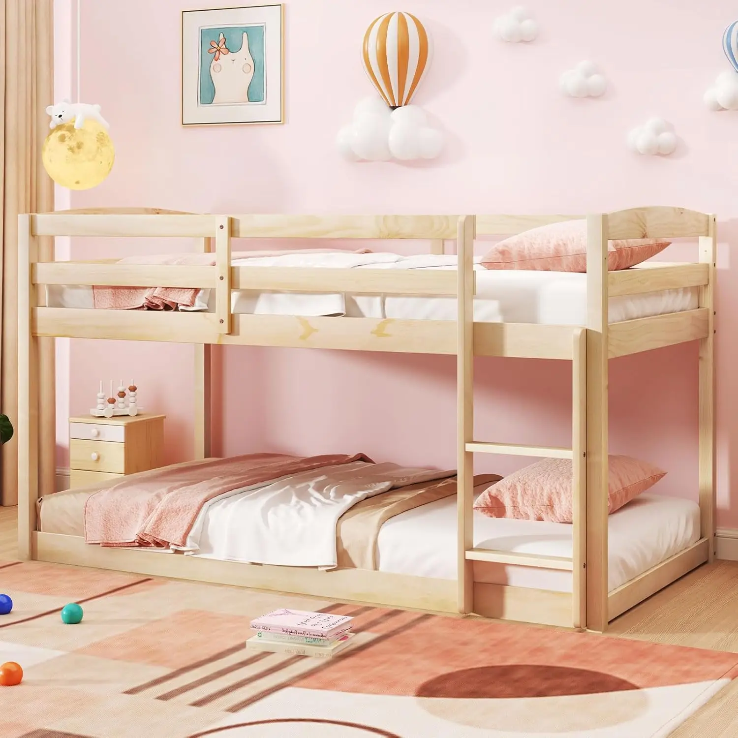 

Twin Low Bunk Bed, Solid Wood Twin Over Twin Bunk Bed Frame with Full Guardrails & Integrated Ladder, Floor Twin Bunk Beds