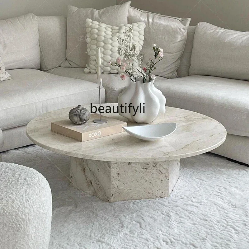 cqyWabi Sansan natural marble coffee table advanced sense travertine small apartment French   household cream light luxury