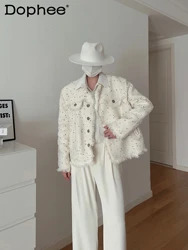 White Small Fragrant Coats Men's Short High-end Temperament Tweed Jackets Trendy Rough Edge Long-sleeve Top Fashion Men's Coats