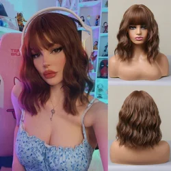 Short Curly Synthetic Wigs Shoulder Brown Wave Bob Wigs with Bangs for Women Daily Cosplay Party Use Heat Resistant