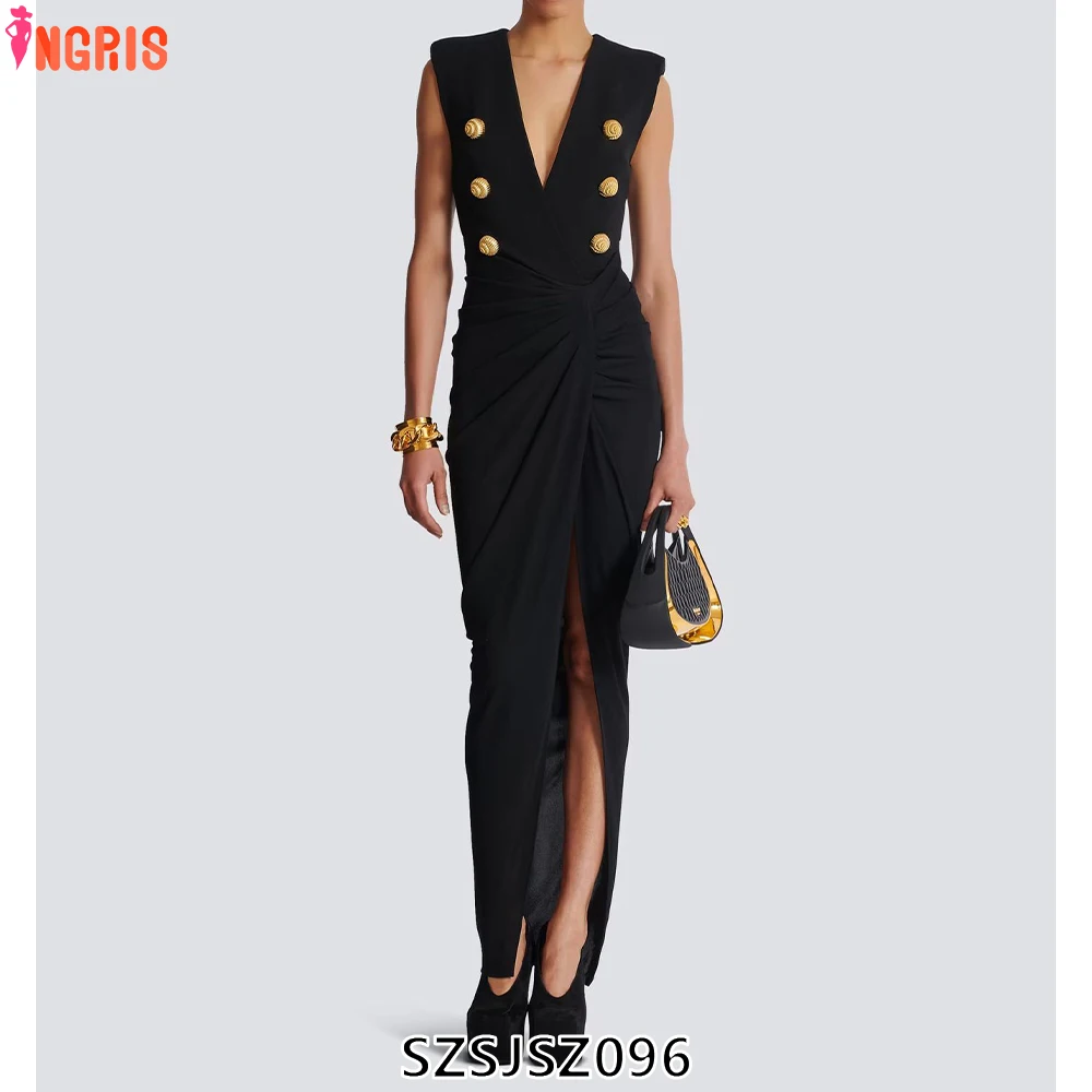

2025 High Quality Fashion New Sleeveless V-Neck Dress Folds Irregular Black Slit Evening Dress-SZSJSZ096