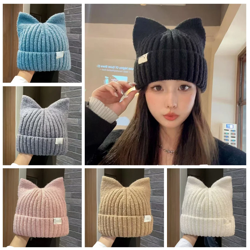

Thickened Velvet Brimless Beanie Hat Winter Warm Ear Protection Beanies Knitted Hat Knitted Cute Cat Ear Windproof Hat Unisex