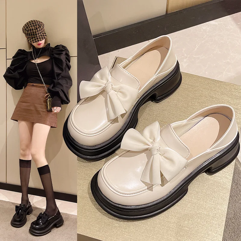 

New Mary Jane Small Leather Shoes Fashion Platform Uniform JK Two Wear Women's Singles Shoes Bow Vintage Muffin Shoes