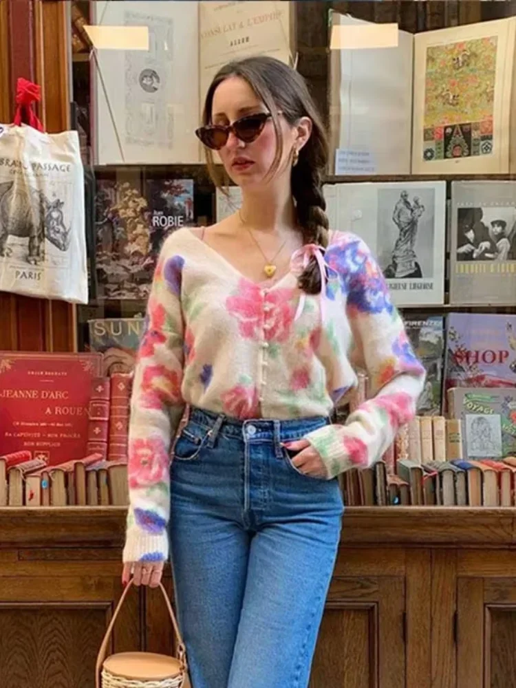 Elegant Flower Print Backless Thin Sweater Women Fashion V Neck Long Sleeve Button Knit Pullover 2024 Autumn Lady Street Jumper